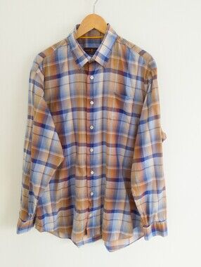 Robert Talbott Classic Mens XL Blue Brown Plaid Long Sleeve Button Down Shirt